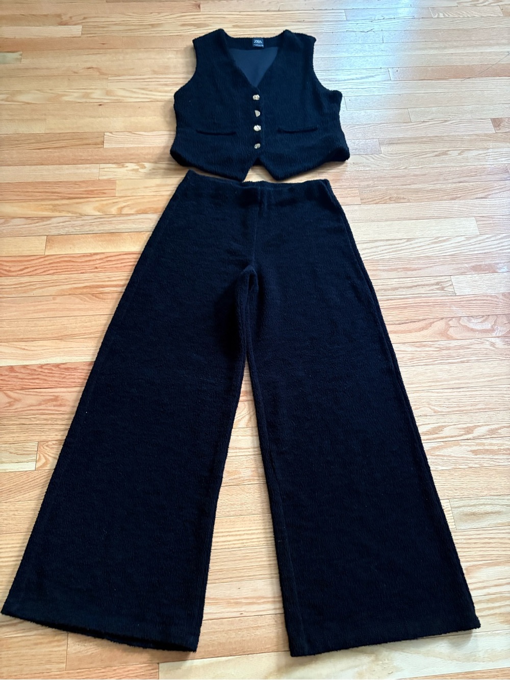 Zara Black Knit Wide-Leg Pants with Matching Vest - Size Medium EUC